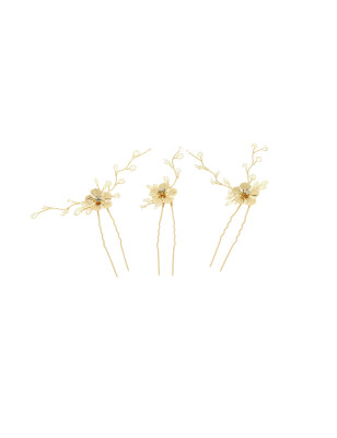 Lot de 3 épingles à chignon fleurs dorées et perles